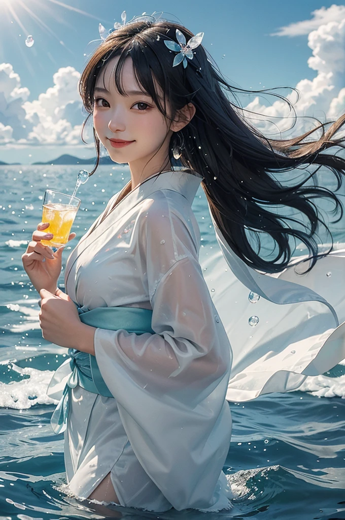 A beautiful woman in a kimono smiling while holding ice and clear, delicious-looking water in a transparent glass cup with water droplets under a sunny summer blue sky
