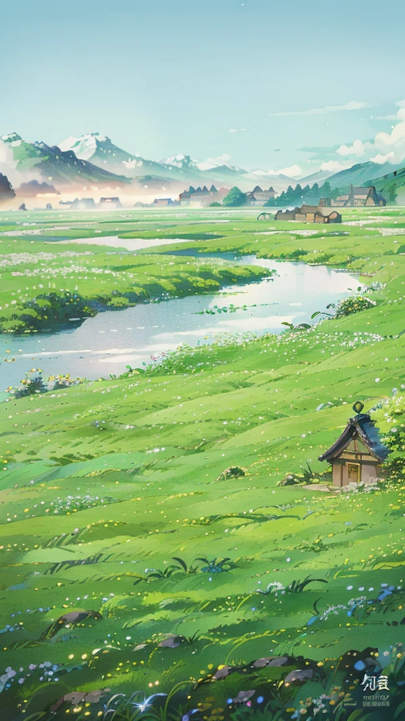 Anime rural scenery, paddy和流淌的河流, A beautiful artistic illustration, by Xia Yong, Japanese Village, by Zhang Zongcang, landscape illustration, by Sheng Maoye, author：Xia Gui, author：Ye Xin, paddy, 