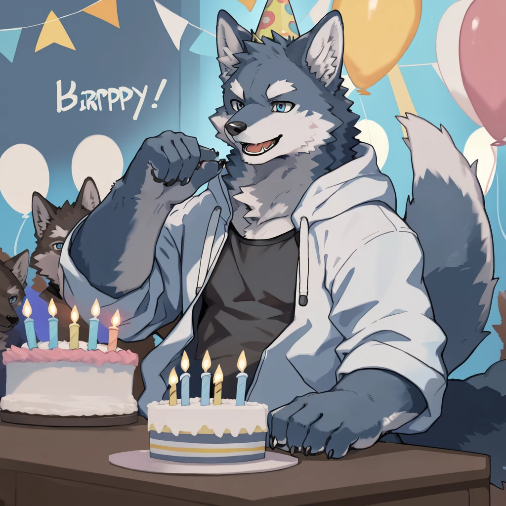 furry,kemono,anthro,
male,
2:3 portrait
Wolf, wolf ears, wolf tail,
Blue fur, light blue eyes,
Button ears, drop ears,
Look at the audience, open your mouth, smile,
clavicle,
techwear, white hoodie, birthday hat,
Birthday cake on the table,
sitting
living room,
Happy birthday in English above the picture