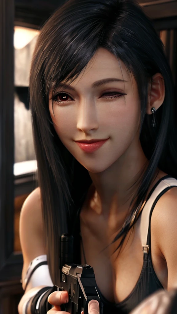 (best quality,masterpiece, HDR,UHD,8K,Vivid Colors, extreme detail description, Professional:1.1),
(pale skin, perfect skin, red iris, thin lips, thin mouth, long hair: 1.1),
1girl, 
looking at viewer, (seductive smile:1.4),
 tifa,
head_tilt,((one eye:1.2) closed), ( holding pistol, aiming at viewer, handgun:1.1)
Gold Bikini