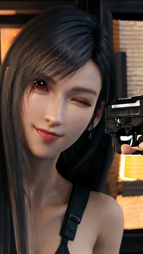 (best quality,masterpiece, HDR,UHD,8K,Vivid Colors, extreme detail description, Professional:1.1),
(pale skin, perfect skin, red iris, thin lips, thin mouth, long hair: 1.1),
1girl,
looking at viewer, (seductive smile:1.4),
tifa,
head_tilt,((one eye:1.2) closed), ( holding pistol, aiming at viewer, handgun:1.1)
Gold Bikini