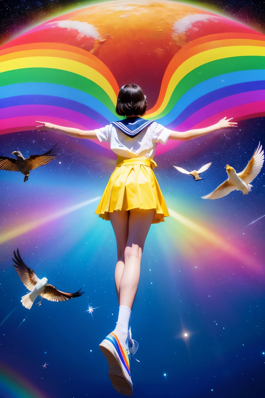 universe、Big bird is a girl(Sailor suit、Short Bob)is mounted、fly far away、Birds paint a rainbow、Art supplies scattered across the painted rainbow、Use lots of light、Use blue throughout