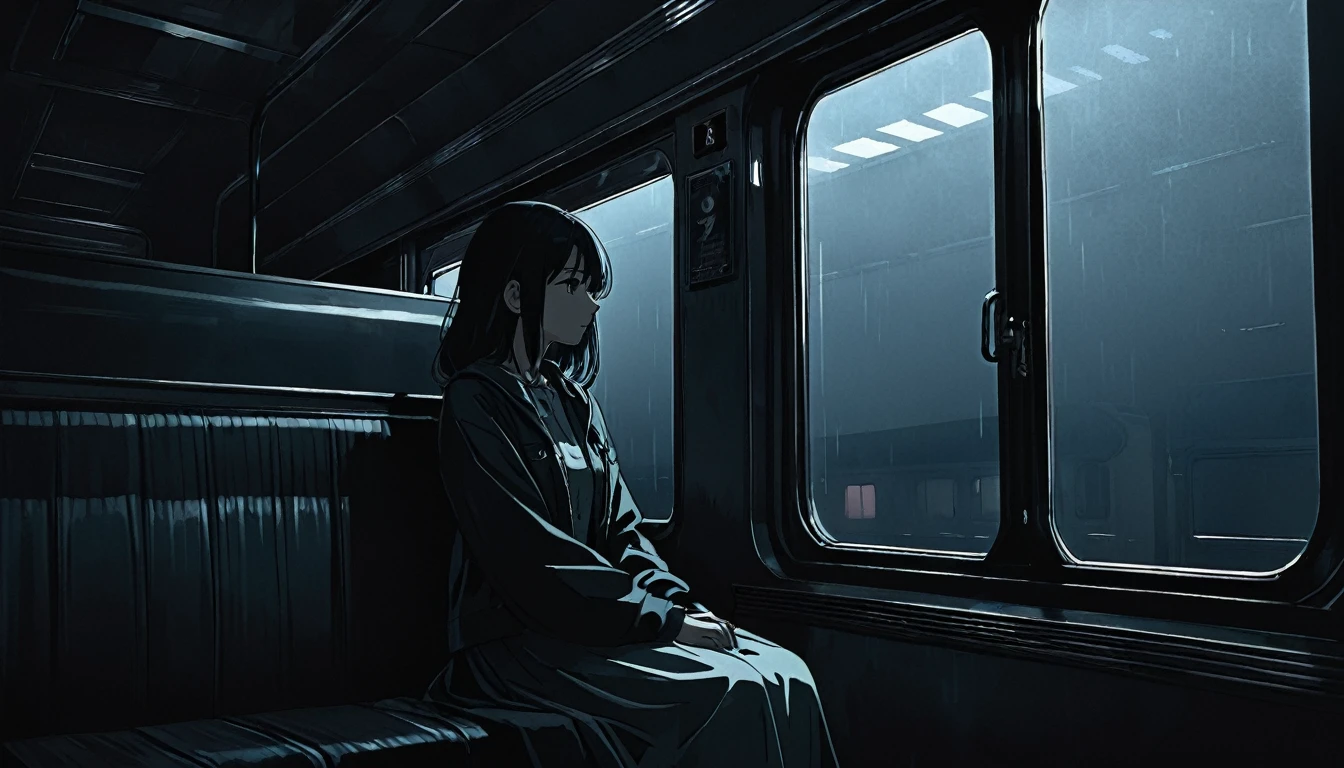 High definition animation. A girl sits in a slightly dark old train and looks lonely out her window. It's dark outside the train. Girl's half body shot
