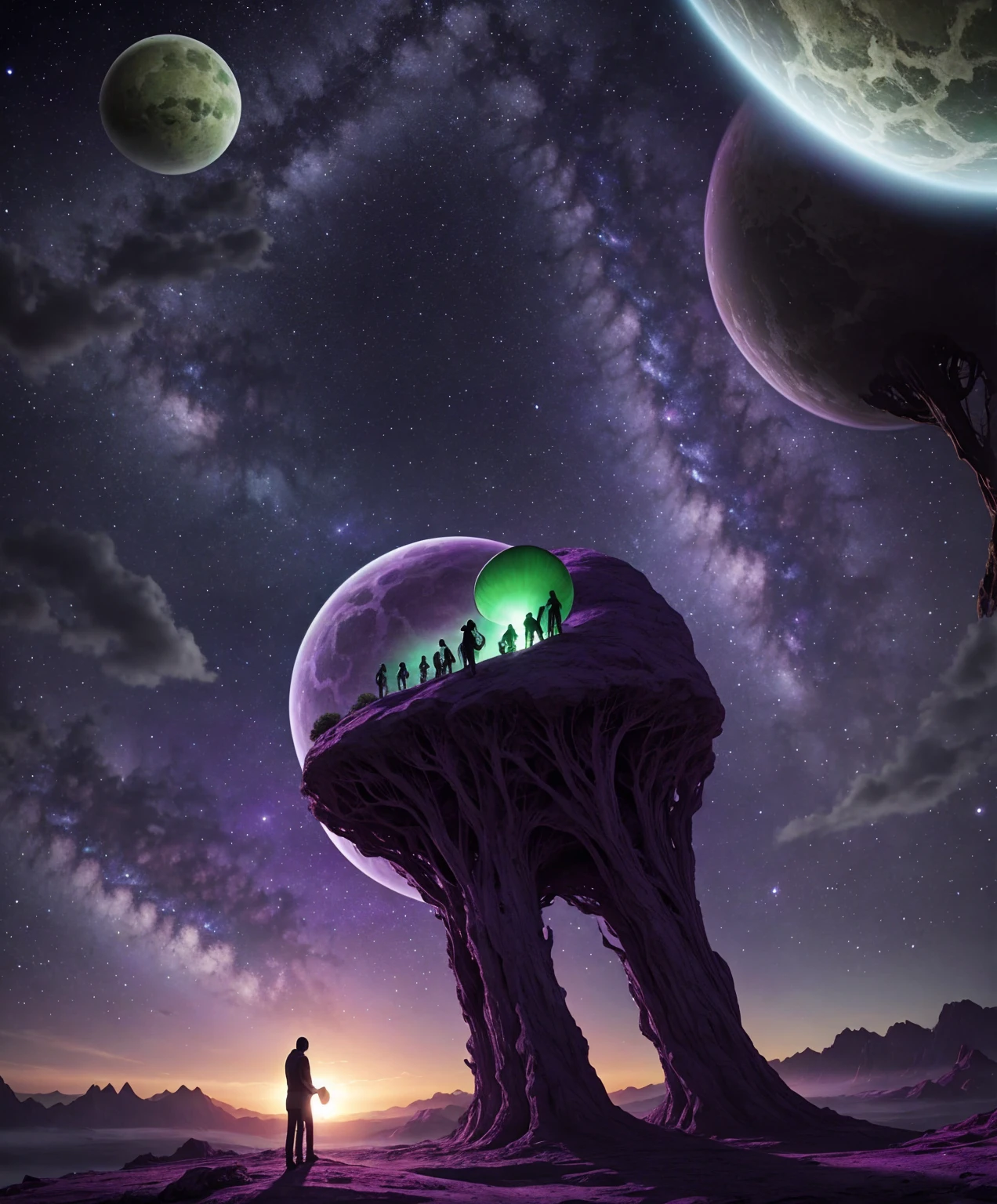 alien extraterrestrial couple exotic features purple green cosmic scenery landscape portrait
