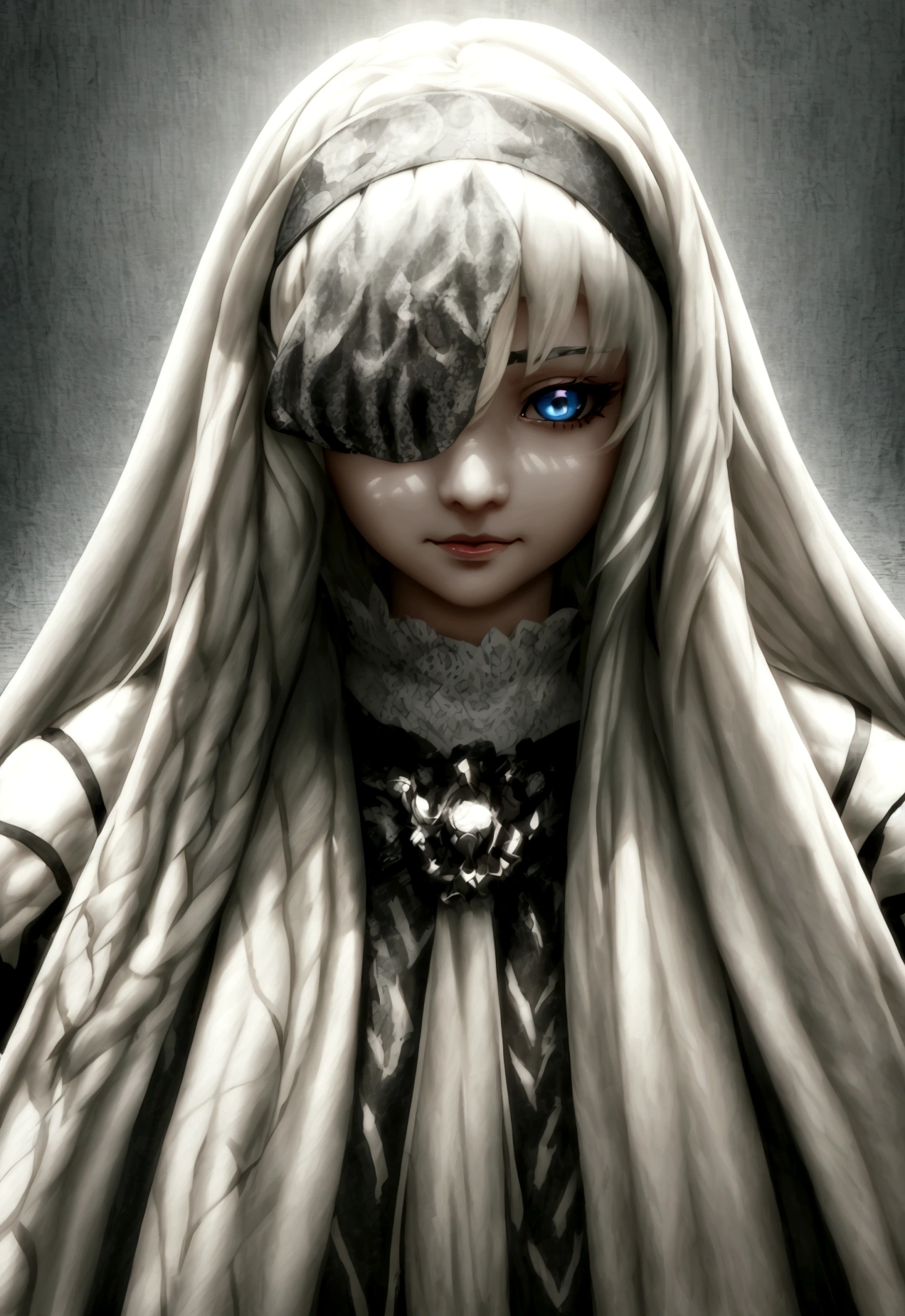 a beautiful girl with long white hair, blind, wearing a headband over her eyes, anime style, detailed face, detailed eyes, detailed anatomy, detailed clothing, masterpiece, ultra-detailed, 4k, cinematic lighting, vibrant colors, dramatic lighting, highly detailled, 4k, perfect, oeuvre d'art, beautiful