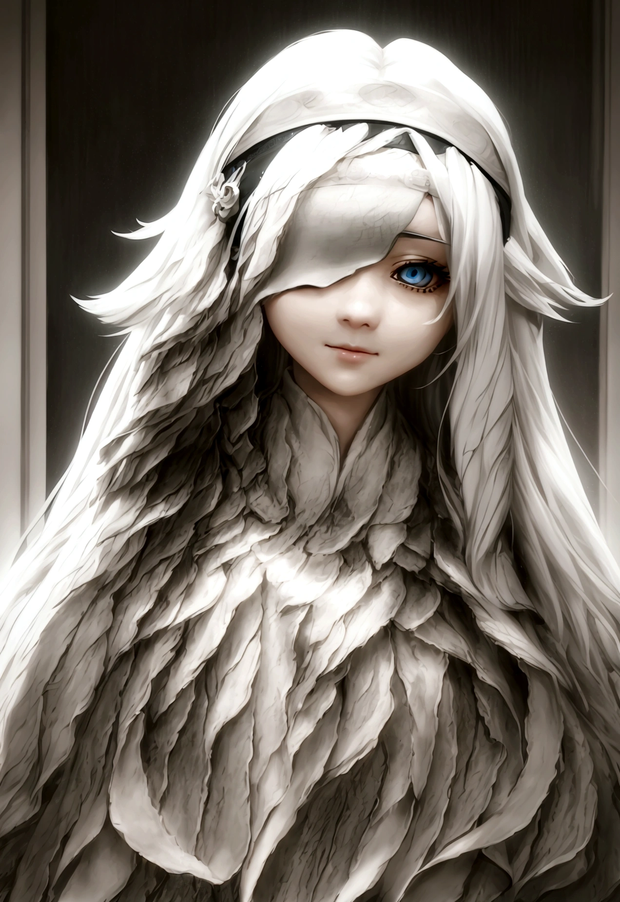a beautiful girl with long white hair, blind, wearing a headband over her eyes, anime style, detailed face, detailed eyes, detailed anatomy, detailed clothing, masterpiece, ultra-detailed, 4k, cinematic lighting, vibrant colors, dramatic lighting, highly detailled, 4k, perfect, oeuvre d'art, beautiful