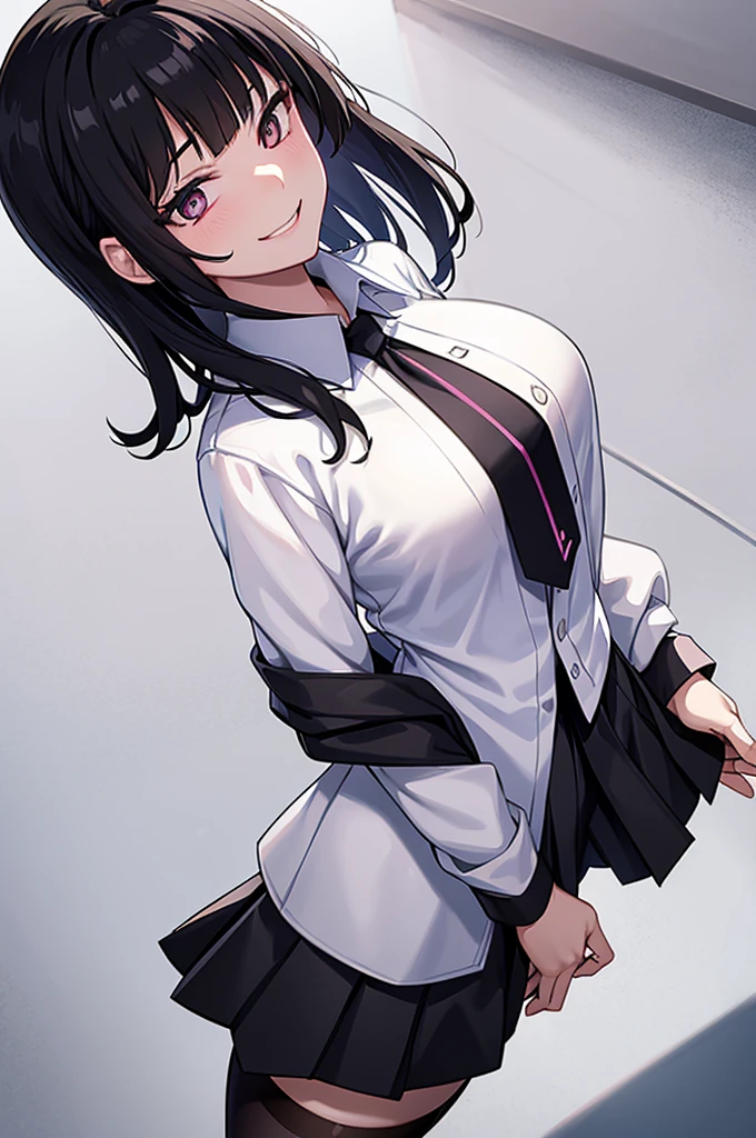juri han, work of art, tight white secretary shirt with black tie, black high waist skirt, short skirt,stocking, black hair, black tights,evil smile,office,franja nos olhos,lighting,chifre de cabelos,view from above,olhando para cima