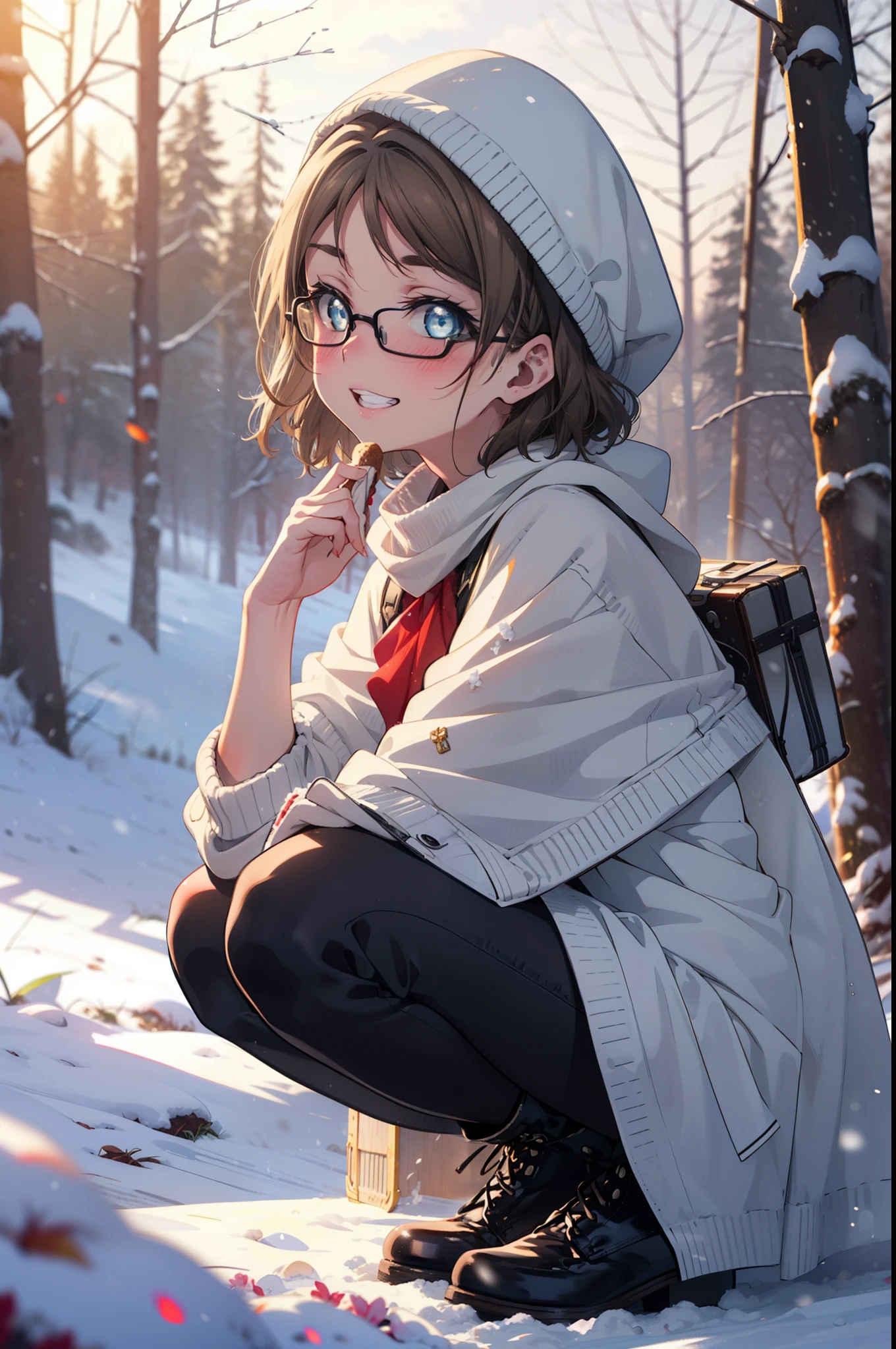Yo Watanabe, Yu Watanabe, short hair, blue eyes, Brown Hair, smile, Grin,Mid-chest,Black-rimmed glasses,
Open your mouth,snow,Ground bonfire, Outdoor, boots, snowing, From the side, wood, suitcase, Cape, Blurred, having meal, forest, White handbag, nature, Squat, Mouth closed, Cape, winter, Written boundary depth, Black shoes, red Cape break looking at viewer, Upper Body, whole body, break Outdoor, forest, nature, break (masterpiece:1.2), Highest quality, High resolution, unity 8k wallpaper, (shape:0.8), (Beautiful and beautiful eyes:1.6), Highly detailed face, Perfect lighting, Highly detailed CG, (Perfect hands, Perfect Anatomy),