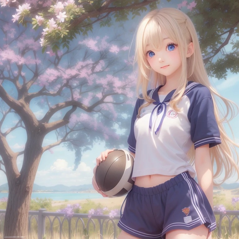 cute face, masterpiece, Highest quality, One girl, alone, , Quarter Japanese, Blonde Hair, Long Hair, Purple eyes, Side-parted bangs, Short bangs, Medium chest, Play sports often, Bloomers, Outdoor, Athletics, Conceit