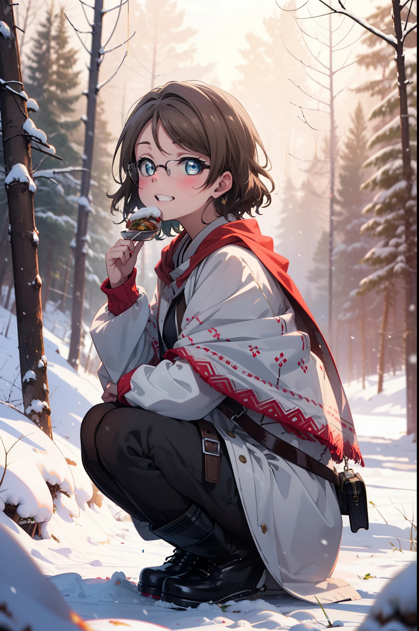 Yo Watanabe, Yu Watanabe, short hair, blue eyes, Brown Hair, smile, Grin,Mid-chest,Black-rimmed glasses,
Open your mouth,snow,Ground bonfire, Outdoor, boots, snowing, From the side, wood, suitcase, Cape, Blurred, having meal, forest, White handbag, nature,  Squat, Mouth closed, Cape, winter, Written boundary depth, Black shoes, red Cape break looking at viewer, Upper Body, whole body, break Outdoor, forest, nature, break (masterpiece:1.2), Highest quality, High resolution, unity 8k wallpaper, (shape:0.8), (Beautiful and beautiful eyes:1.6), Highly detailed face, Perfect lighting, Highly detailed CG, (Perfect hands, Perfect Anatomy),