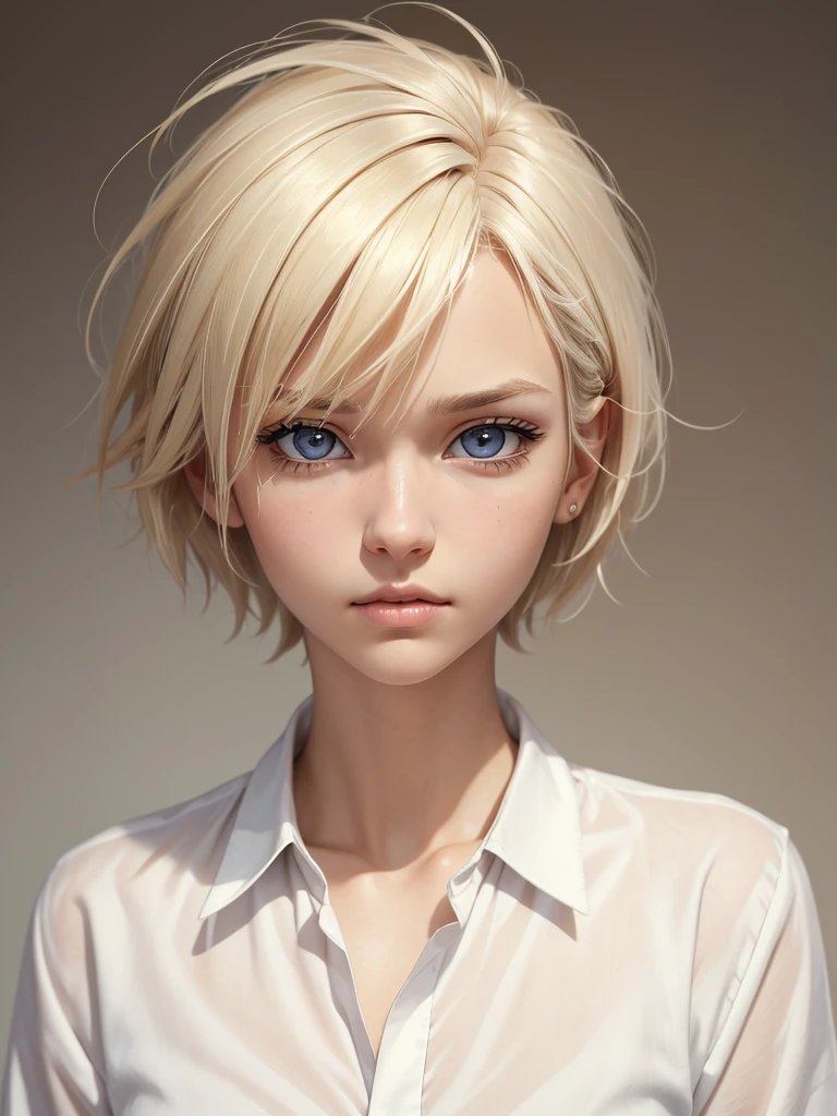 (best quality), 1girl, female, 24 years old, white skin, blonde hair, short hair, spiked hair, messy bangs, hair over eyes, brown eyes, perfect eyes, Denji, eye bags, slender, tired, white shirt, masterpiece, anatomically correct, highres
