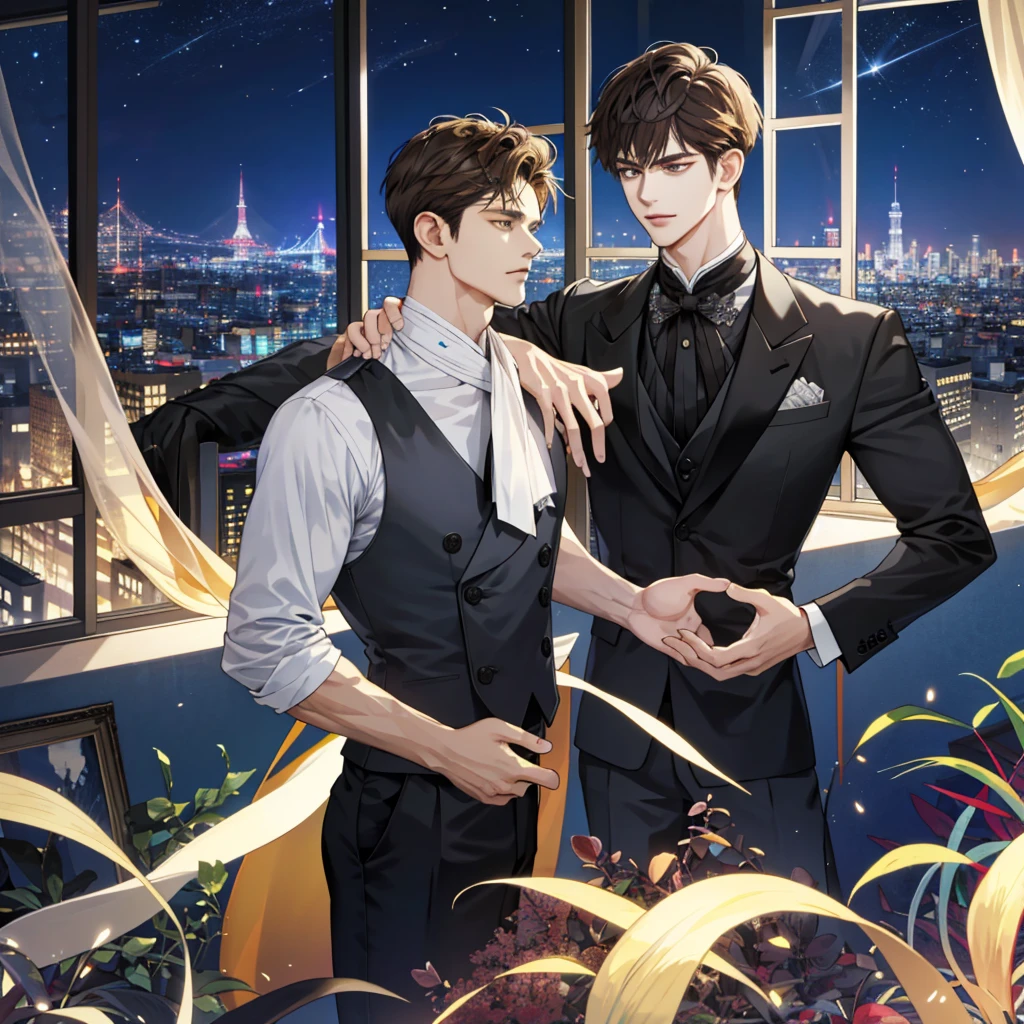 (hoang lap, k hd, ultra - detailed), (1male people, Single, AS-Adult, mature:1.4, Idade:1.4, young, Tall muscular man, Handsome), Very short hair, brunette color hair, Hair oil, with brown eye,(Pointed chin:1.4,Thick neck:1.4,),Break,Night,Dark,Look at the night view of the city through the large window,formal outfit,tiese,full bodyesbian,