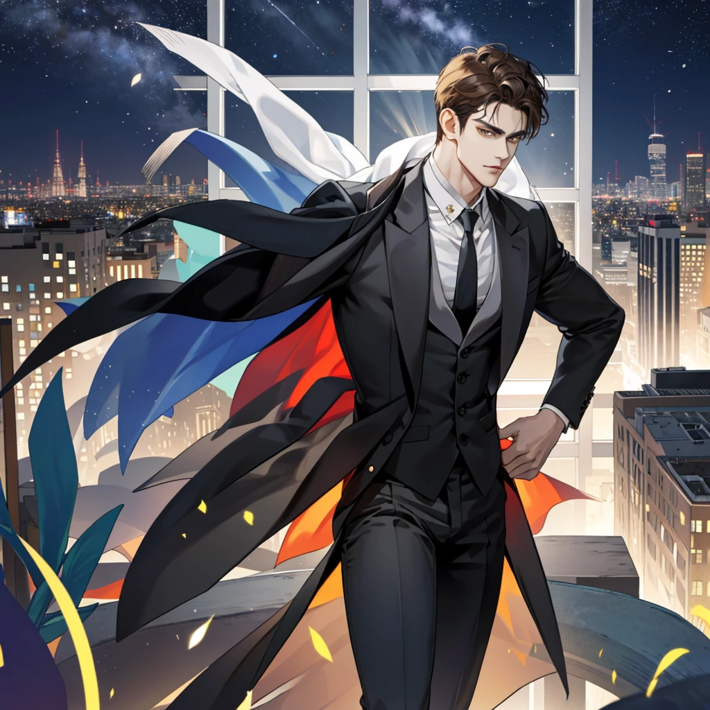 (hoang lap, k hd, ultra - detailed), (1male people, Single, AS-Adult, mature:1.4, Idade:1.4, young, Tall muscular man, Handsome), Very short hair, brunette color hair, Hair oil, with brown eye,(Pointed chin:1.4,Thick neck:1.4,),Break,Night,Dark,Look at the night view of the city through the large window,formal outfit,tiese,full bodyesbian,