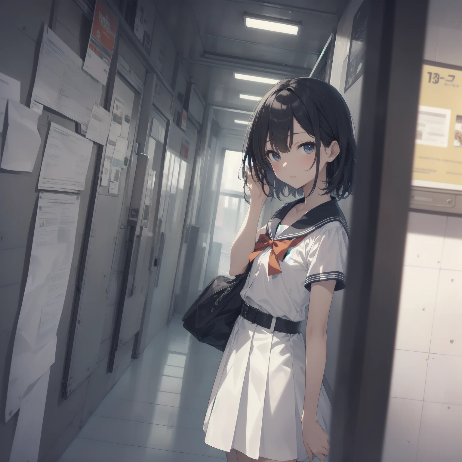 ultra-absurdres-Top quality by artist God, ultra-detailed, high resolution, anime moe artstyle, best anime 8k konachan wallpaper, pixiv contest winner, pool:2810, perfect anatomy,break, 1girl, (Please draw a girl walking sleepily to school alone. )break,(Solo,little female, 13-year-old:1.3),Full limbs, complete fingers,a junior high school student, (very short hair), short cut, flat chest, , small butt, small black eyes, beautiful detailed eyes, well-proportioned iris and pupils, expressive eyes, highres detailed hair, soft expression, salor school_uniform, sailor collar, serahuku, bow, pleated skirt,(Detailed Lighting), (Detailed background), in the School commute route. break,super detailed skin, Best cinematic lighting powered by famous artist, 8k,beauty illustration,photoshop_(medium),very aesthetic,break,((artist:neocoill )), artist:clamp ,artist:carnelian ,artist:kantoku ,