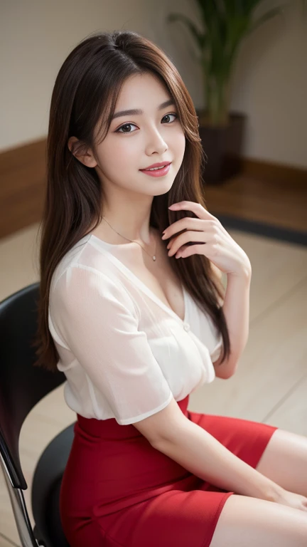 (masterpiece, best quality:1.1), (8k, raw photo, photo realistic:1.2, f22), (shiny skin), detailed skin,long pink hair,ribbon,detailed face, detailed eyes,smile,BREAK, real world, intricate details, smil, BREAK, 1girl, full body,(shortsleeve,stripe pattern,dress,red),BREAK, (table:1.4)