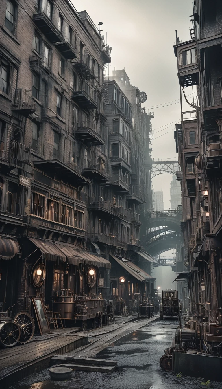 (steampunk:1.5), detailed ruined city street with bridges, foggy atmosphere, grungy industrial aesthetic, dystopian mood, dramatic lighting, muted color palette, highly detailed, masterpiece, (best quality,4k,8k,highres,masterpiece:1.2),ultra-detailed,(realistic,photorealistic,photo-realistic:1.37)
