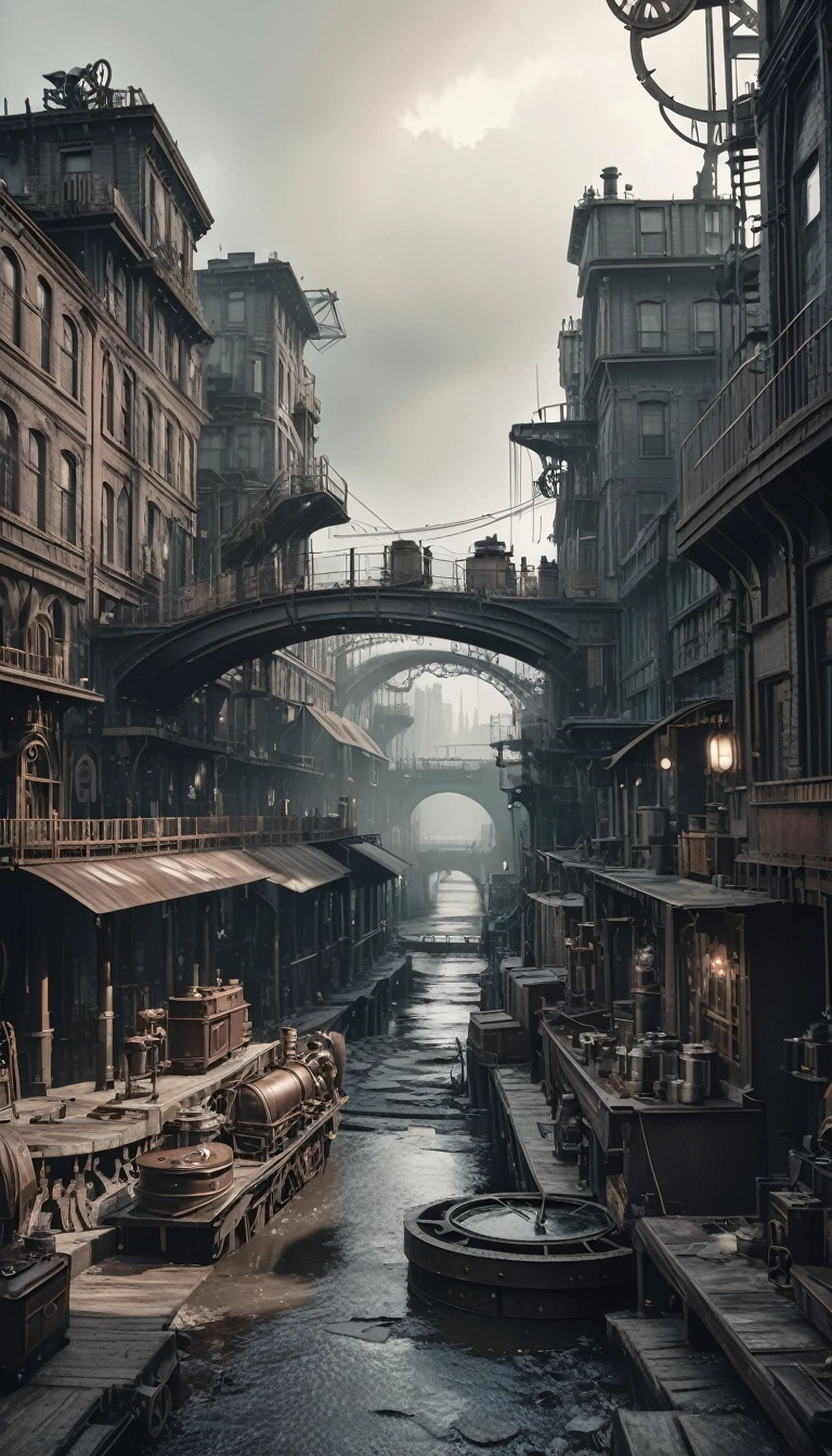 (steampunk:1.5), detailed ruined city street with bridges, foggy atmosphere, grungy industrial aesthetic, dystopian mood, dramatic lighting, muted color palette, highly detailed, masterpiece, (best quality,4k,8k,highres,masterpiece:1.2),ultra-detailed,(realistic,photorealistic,photo-realistic:1.37)
