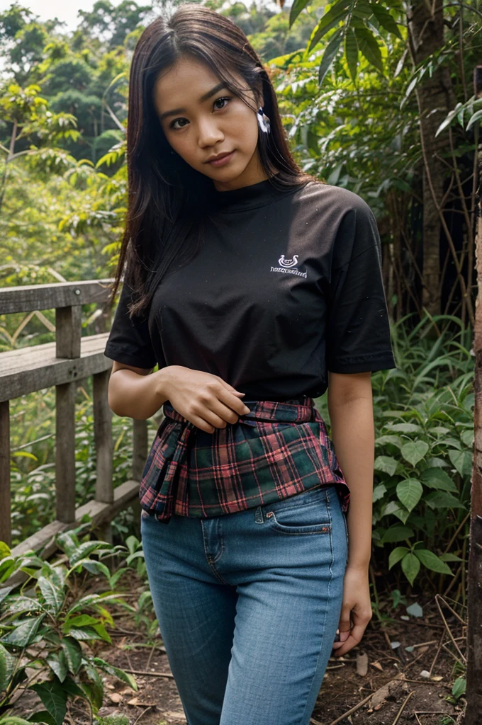 seorang wanita cantik thailand memakai kemeja motif tartan pink hitam, celana jeans hitam, angun, tersenyum wajah tenang, duduk dirumput hijau dibawah pohon besar diantara tanaman teh yang tinggi latar belakangnya kebun teh yang hijau, dan gunung hijauhijau langit cerah, realistis HD 8K