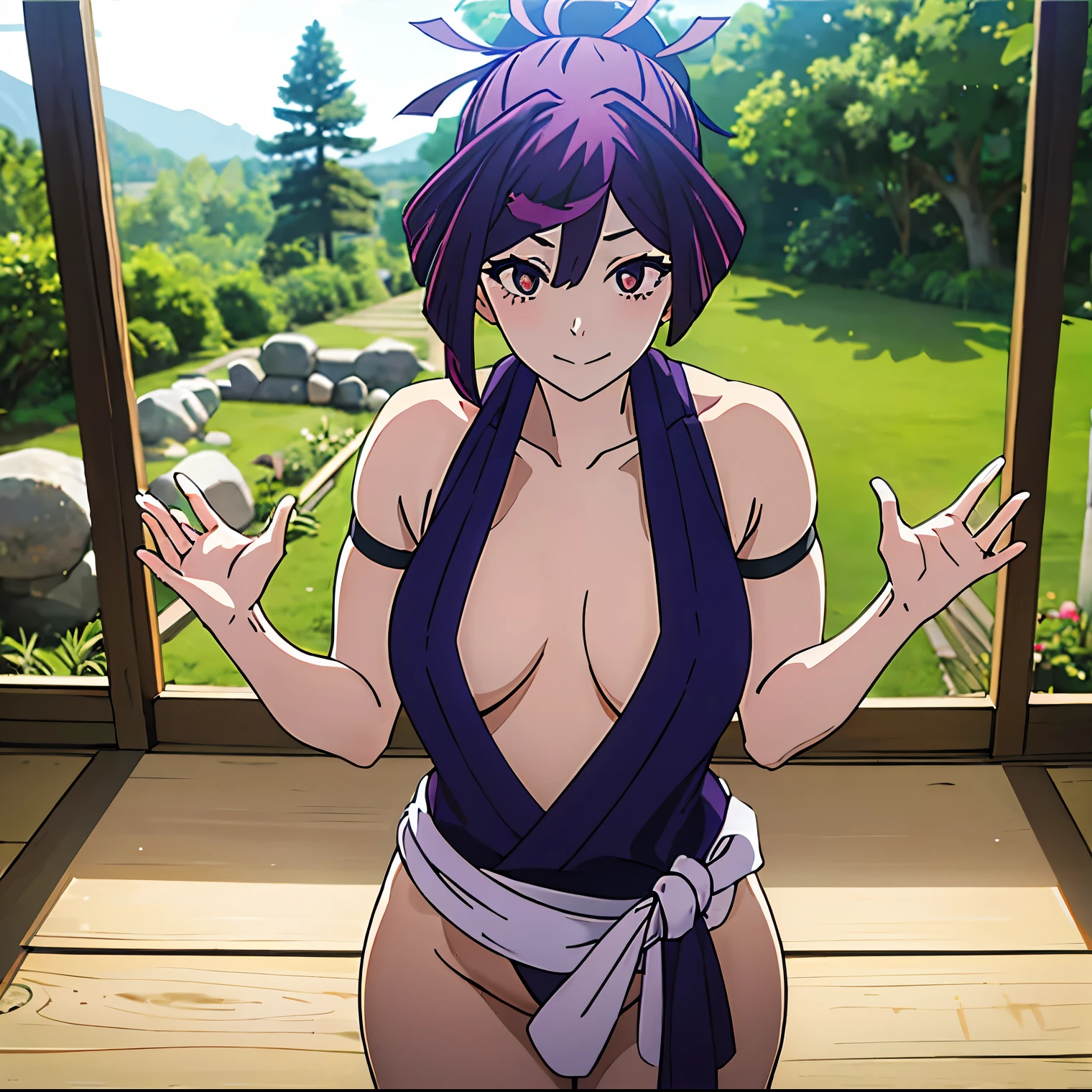 1girl, alone, yuzuriha (jigokuraku), best quality, masterpiece, ultra detailed, sharp lighting, super detailed eyes, soft and smooth skin, (leaning on: 1.2), purple hair, brown eyes, ninja, open clothing, cleavage, medium breasts, medium waist, wide hips, wide thighs, bun, medium hair, separated breasts, seductive smile, (blush: 1.1), sexy body, dynamic posture, curvy body, facing the viewer, head on, focus on the breasts, pov (front), standing, ancient japanese forest, japanese exterior, temple, sengoku period city, city (NSFW 1.5), perfect anatomy, 5fingers on the palm,perfect hands