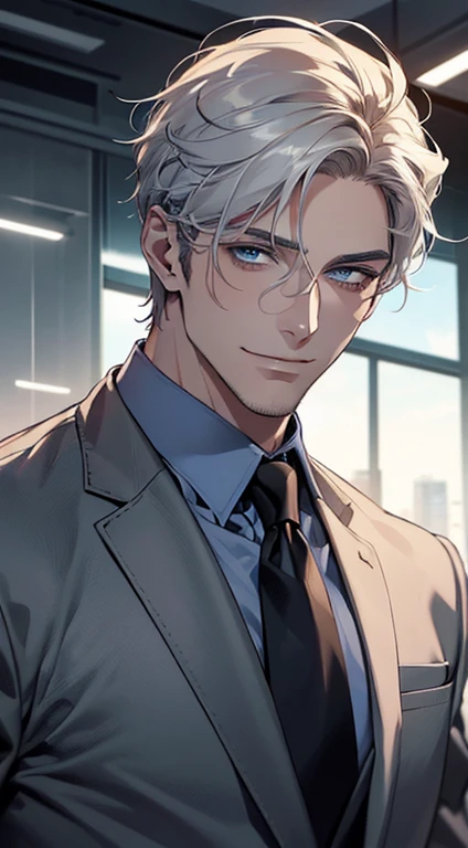 (best quality, masterpiece, 8K, photorealistic, cinematic lighting, hdr image, ultra detailed, beautiful image), 1 man, 31 years old, mature man, very handsome, (without expression, smile), short white hair, blue eyes ( penetrating gaze), perfect face without errors, imposing posture, without errors, businessman, office background