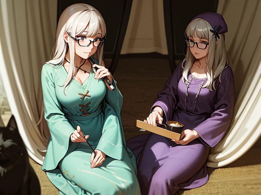 groovy old 1960s grey haired hippy witch woman, hat, long floral dress, glasses, black cat, sitting in a tent smoking her pipe, sitting cross-legged at Woodstock music festival, photo real, high detail, 8k, atmospheric 