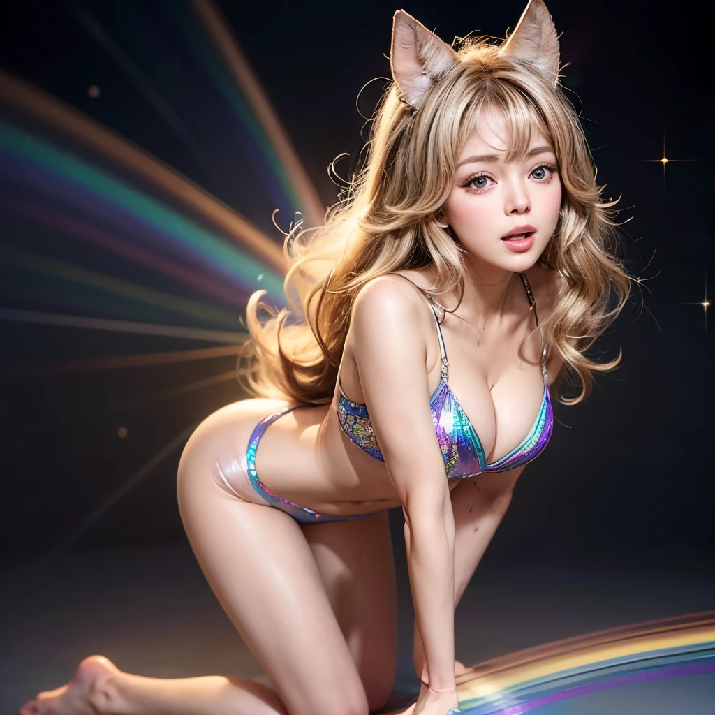 NSFW, 8k, High-level, absurd, masterpiece, best quality, primitive, very detailed CG, very detailed wallpaper, perfect lighting, Extremely detailed (((The personifying " Farrah Fawcett Majors " as a  Girl))), MysticSight, Tyndall effect, Tyndall scattering, Studio gray background with (many Dazzling RainbowColor particles BokeH:1.28), (RoundlyButts, ThighGap), (Exposed:0.4), (Assfocus with looking ahead), BREAK (NOGIZAKA face variations) Extremely Detailed very KAWAII face variations, perfect anatomy, Childish, captivating gaze, elaborate detailed Eyes with (sparkling highlights:1.28), long eyelashes、Glossy RED Lips with beautiful details, Coquettish tongue, Rosy cheeks, Radiant PearlSkin with clear transparency . { (Dynamic LifeLike expressions:1.4) | :d) }, (large eyes:-1) .