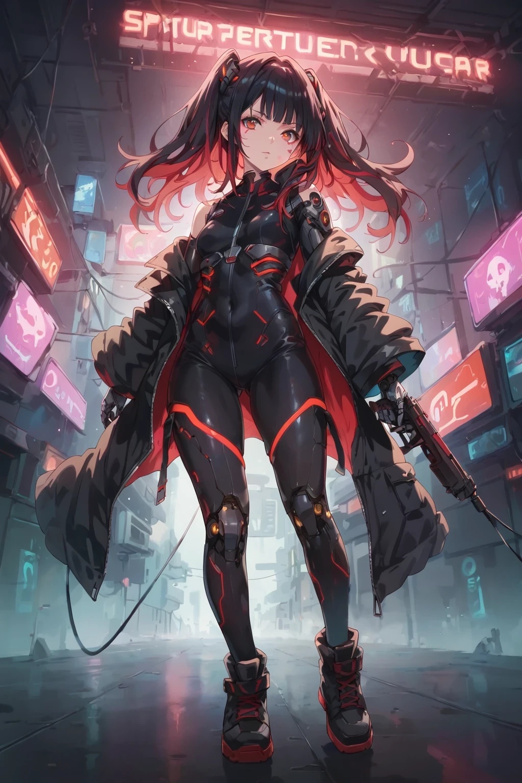 score_9, score_8_up, score_7_up, BREAK,
Cute Girl, masterpiece,(bestquality),highlydetailed,ultra-detailed,1 girl,(black and red tones),(mechanical),(cool),(biodesign),(cyborg),(biomechanics),long black hair with red highlights,(metallic skin),(glowing red eyes),(cybernetic limbs),(wires and tubes),(futuristic outfit),(leather jacket),(combat boots),(in a cyberpunk city with neon lights),(holding a gun),(looking confident and fierce)