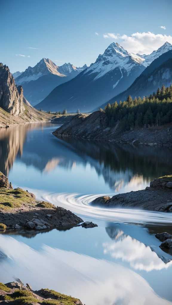 Draw a mountain,There are mountains,have water。No background。