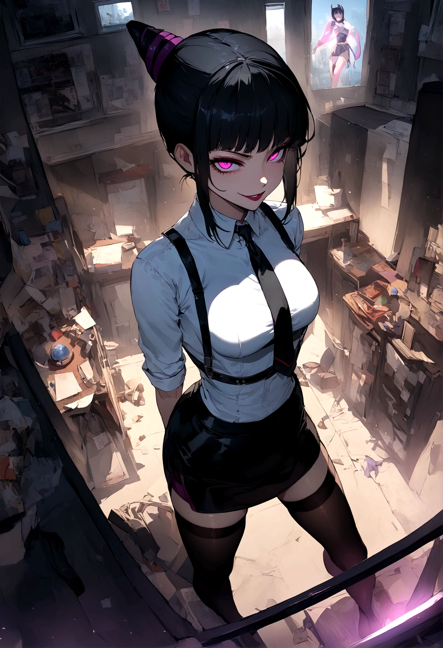 juri han, work of art, tight white secretary shirt with black tie, black high waist skirt, short skirt,stocking, black hair, black tights,evil smile,office,franja nos olhos,lighting,chifre de cabelos,view from above,olhando para cima
