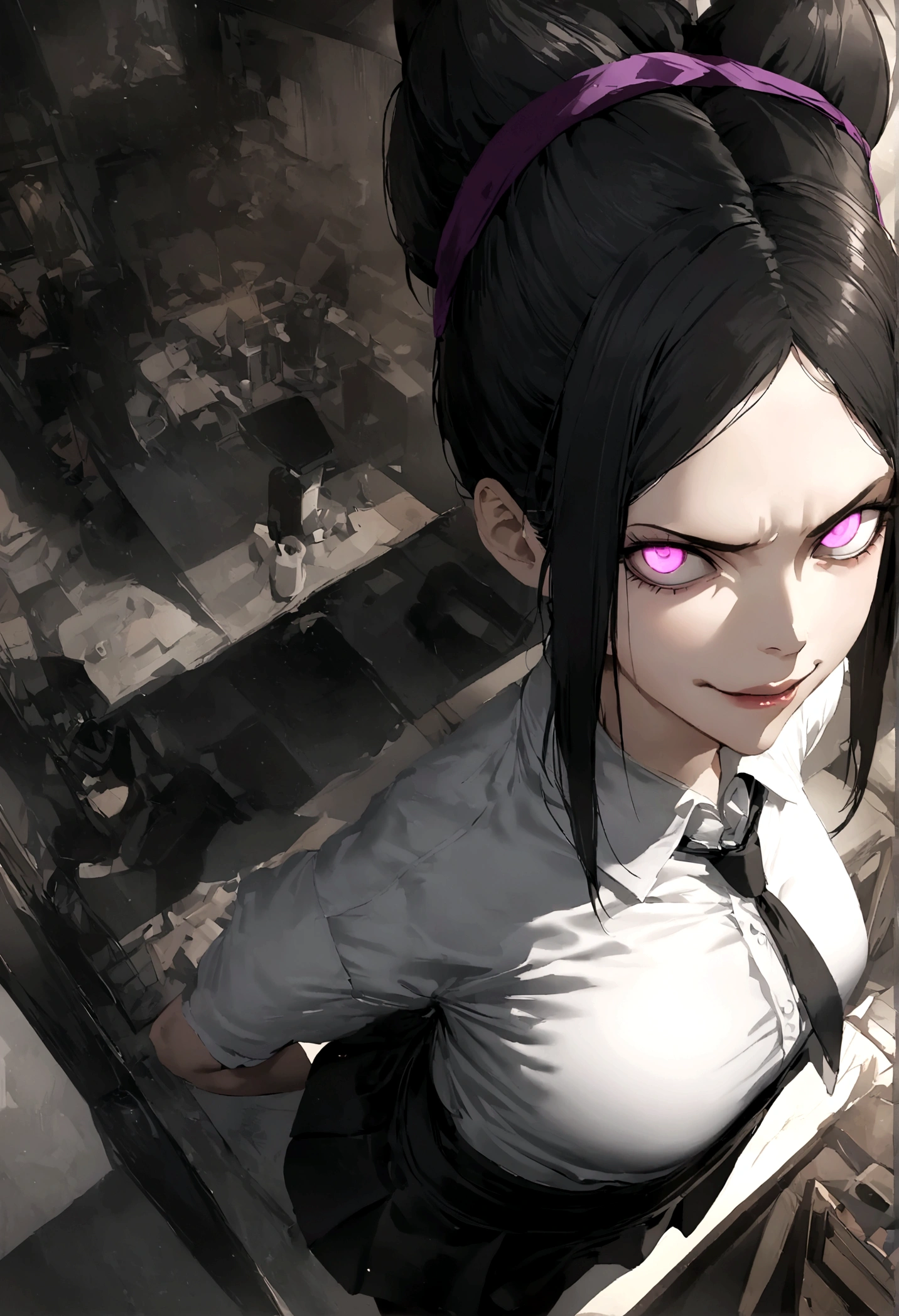 juri han, work of art, tight white secretary shirt with black tie, black high waist skirt, short skirt,stocking, black hair, black tights,evil smile,office,franja nos olhos,lighting,chifre de cabelos,view from above,olhando para cima