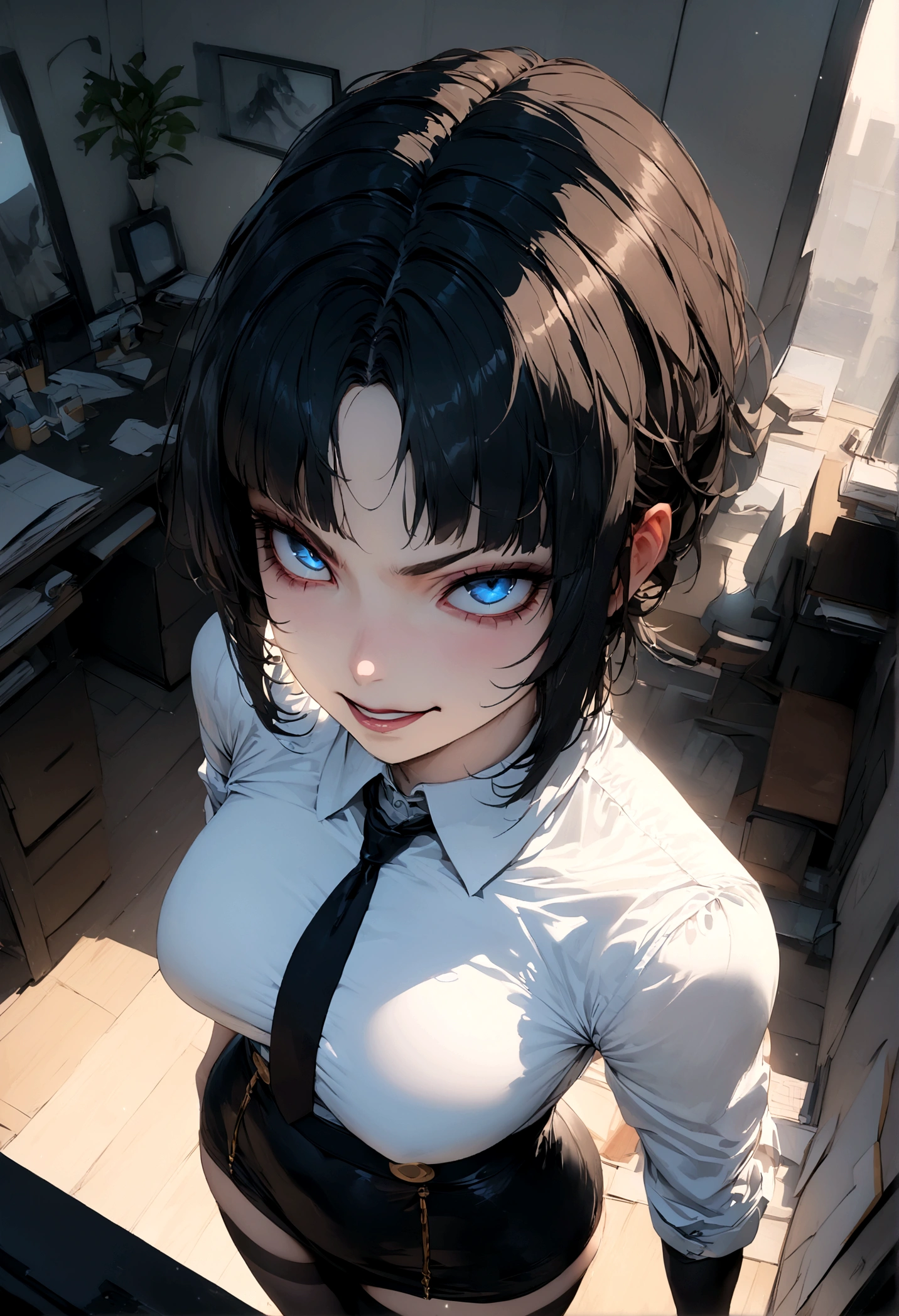 juri han, work of art, tight white secretary shirt with black tie, black high waist skirt, short skirt,stocking, black hair, black tights,evil smile,office,franja nos olhos,lighting,chifre de cabelos,view from above,olhando para cima