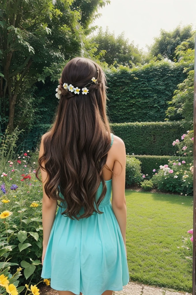 A girl with long hair from back side in garden with beautiful flowers