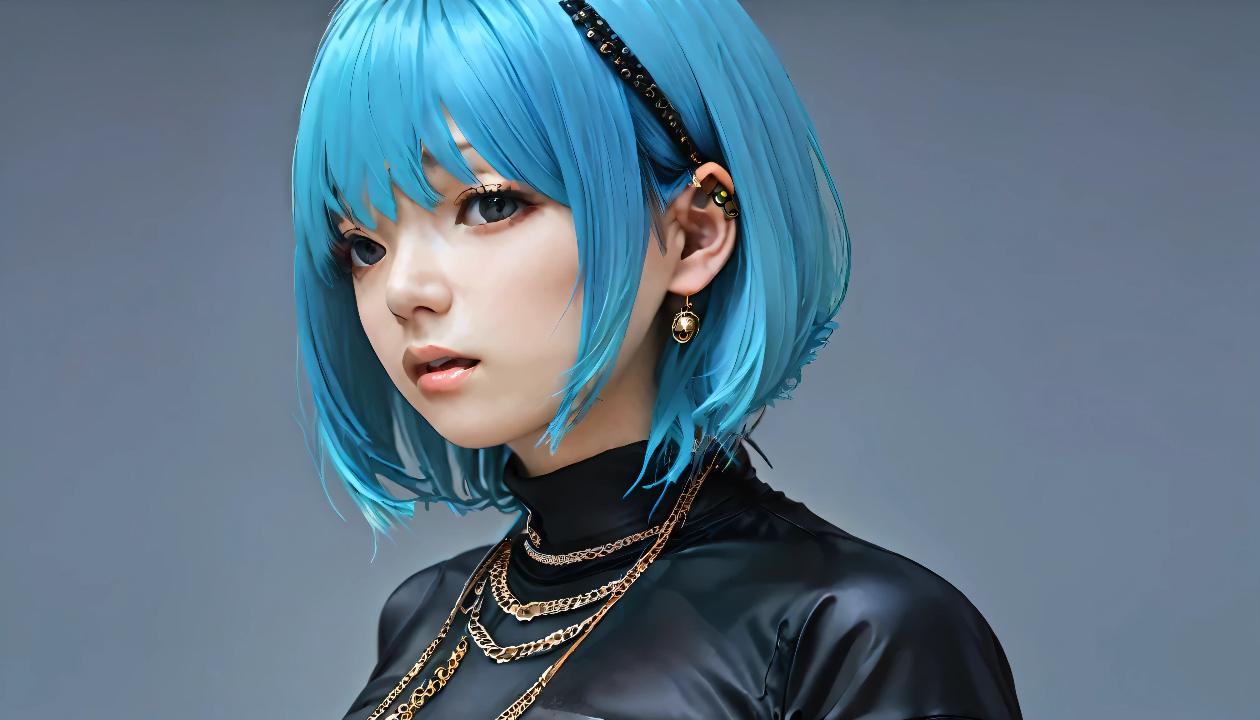 masterpiece, Highest quality,3D rendering work ,3dmm style,close,Portraiture, 3D,One girl, alone, Multicolored Hair, Blue Hair, Black Hair, necklace, freckles, jewelry, Two-tone hair, Look to the side, Realistic, Upper Body, Simple Background, bangs, avert your eyes, short hair, parted lips, Iris, lips, Gothic, choker, compensate, Mole, black shirt, shirt, watermark