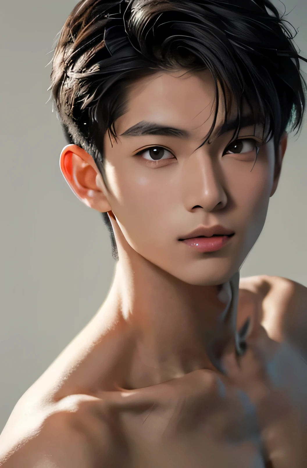Handsome Japanese male model, 20 years old Black Hair short hair Short cut Staring straight into the camera Beautiful Skin slim and muscular Gray tone plain background No background front Facing Gray tone plain background No background I'm not wearing anything. Face close-up The hair is shorter Beautiful Men A shy smile Naked, hugging knees and facing forward I'm not wearing anything.stomach Sit with your knees in your hands