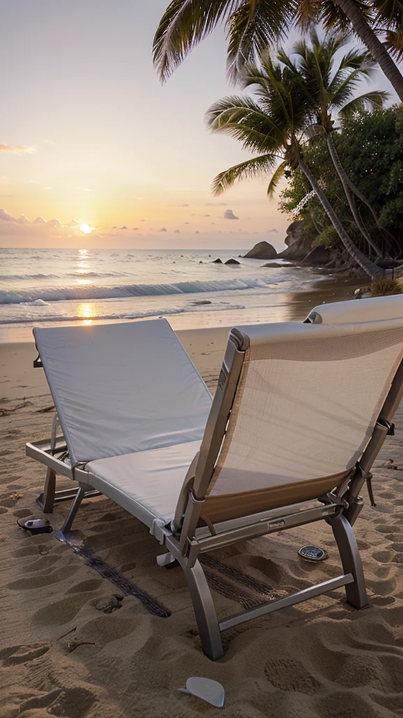 a sun lounger kept on a beach ,beautiful sunset in background , vibrant a realistic 