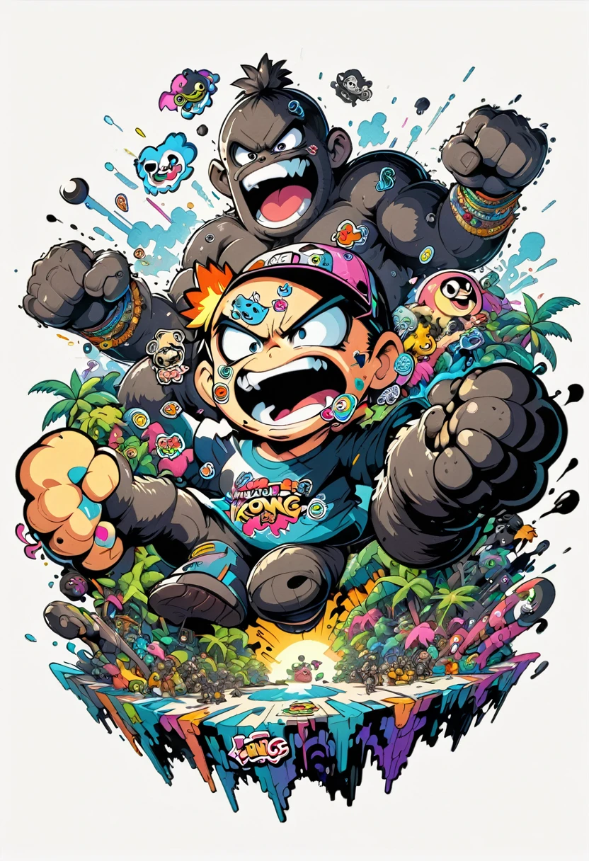 (((a sticker))), (((white background))),splash art, intricately detailed t-shirt design ready for print , 2d, ONE angry wild shouting furious  HUGE KING KONG in foreground, Jungle sunset at the background, vibe detailed design for streetwear and urban style t-shirts design, pro vector, (cel-shading style:1.3), inkpunk, (ink lines:1.1), strong outlines, bold traces, high contrast, (cel-shaded:1.1), vector, 32k resolution, best quality, flat lights,vector t-shirt art ready for print, intricate rich extremely complex ornaments illustration, extremely detailed and complex illustration, high detail, clean lines style, intricate high details, (((white plain background)))