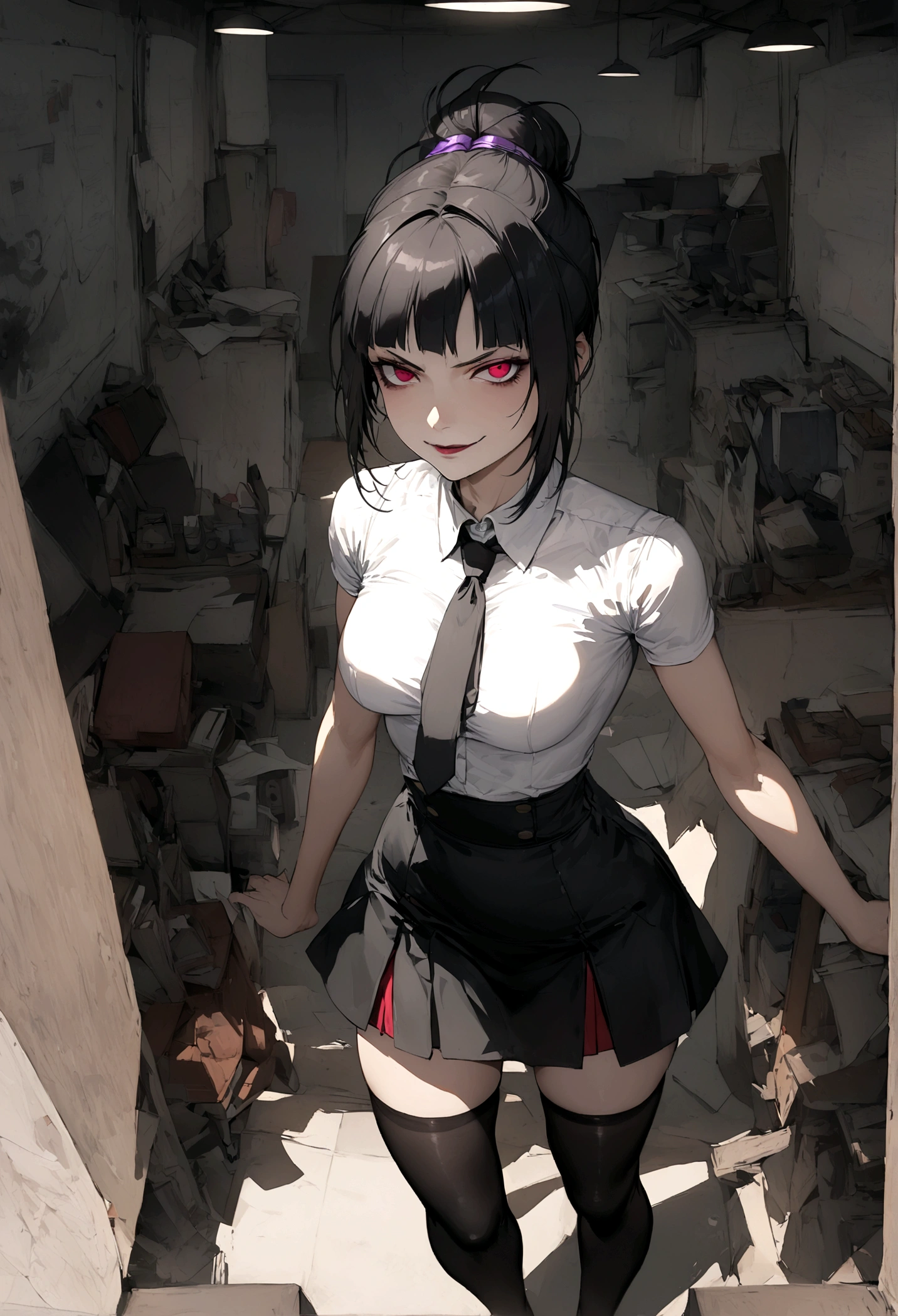 juri han, work of art, tight white secretary shirt with black tie, black high waist skirt, short skirt,stocking, black hair, black tights,evil smile,office,franja nos olhos,lighting,chifre de cabelos,view from above,olhando para cima
