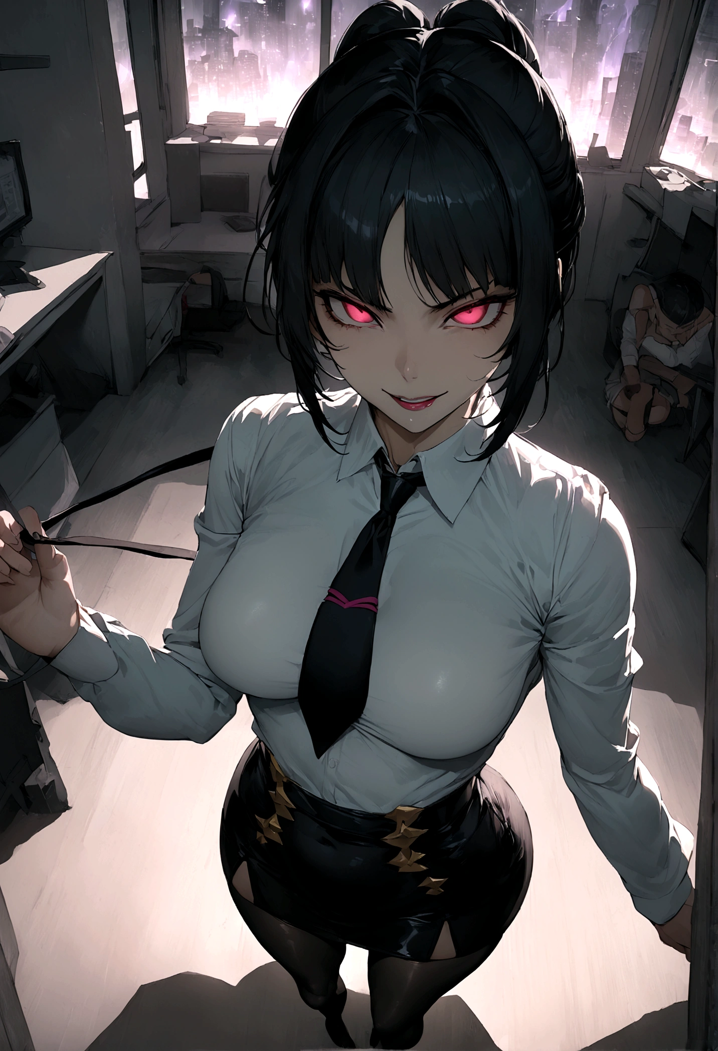 juri han, work of art, tight white secretary shirt with black tie, black high waist skirt, short skirt,stocking, black hair, black tights,evil smile,office,franja nos olhos,lighting,chifre de cabelos,view from above,olhando para cima