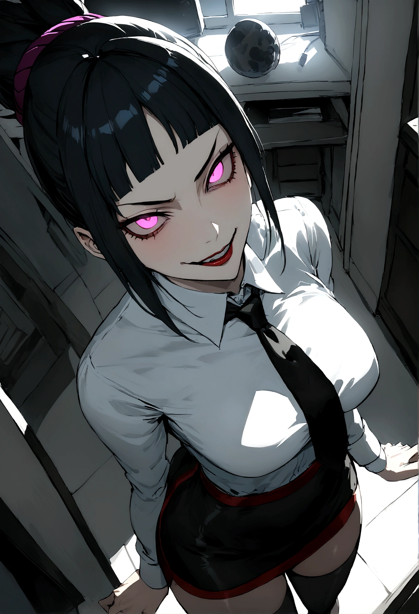 juri han, work of art, tight white secretary shirt with black tie, black high waist skirt, short skirt,stocking, black hair, black tights,evil smile,office,franja nos olhos,lighting,chifre de cabelos,view from above,olhando para cima
