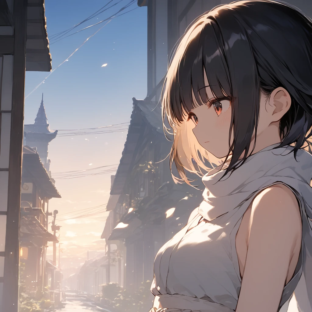 score_9, score_8_up, score_7_up, source_anime, best quality, masterpiece,official art, absurdres, highres, waifu2x, break,1girl, ninja girl, short hair, blunt bangs, small breasts, beautiful detailed eyes, sleepily, scarf, stand, contrapposto, night, wind, rooftop, outdoors, break,(clear line illustration:1.2),very high resolution, very aesthetic, super detailed skin, Best cinematic lighting powered by famous artist, 8k,cool picture,beauty illustration,photoshop_(medium),,(Detailed Lighting),best anime 8k konachan wallpaper, pixiv contest winner,