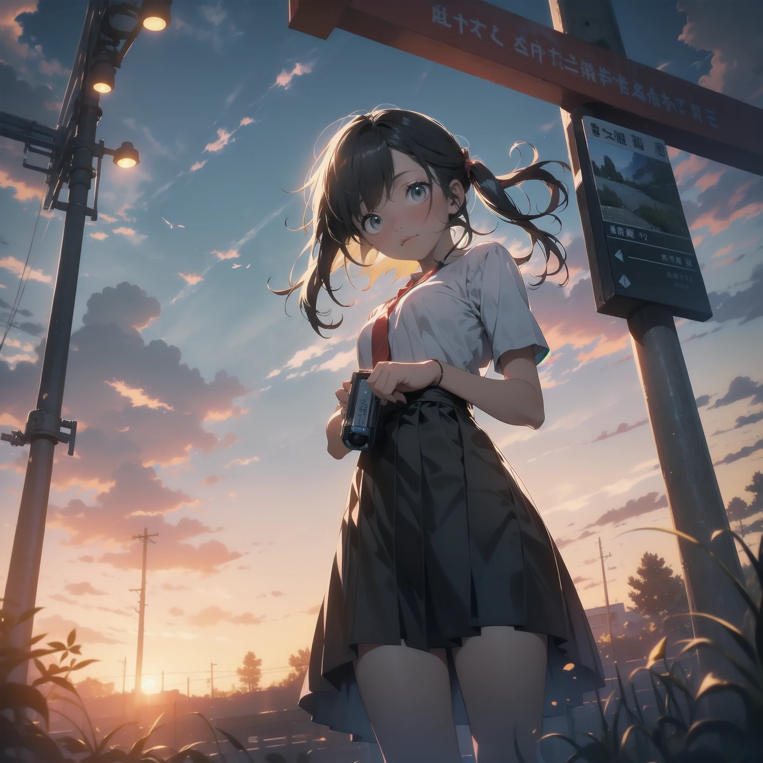 Vast landscape photography、(View from below、Shows the sky above and below)、High resolution、Highest quality、Very detailed、makoto shinkai、sunset、Girl in white dress looking sideways、College student with long brown hair、Electric pole、electric wire、Railroad crossing、Lens blur