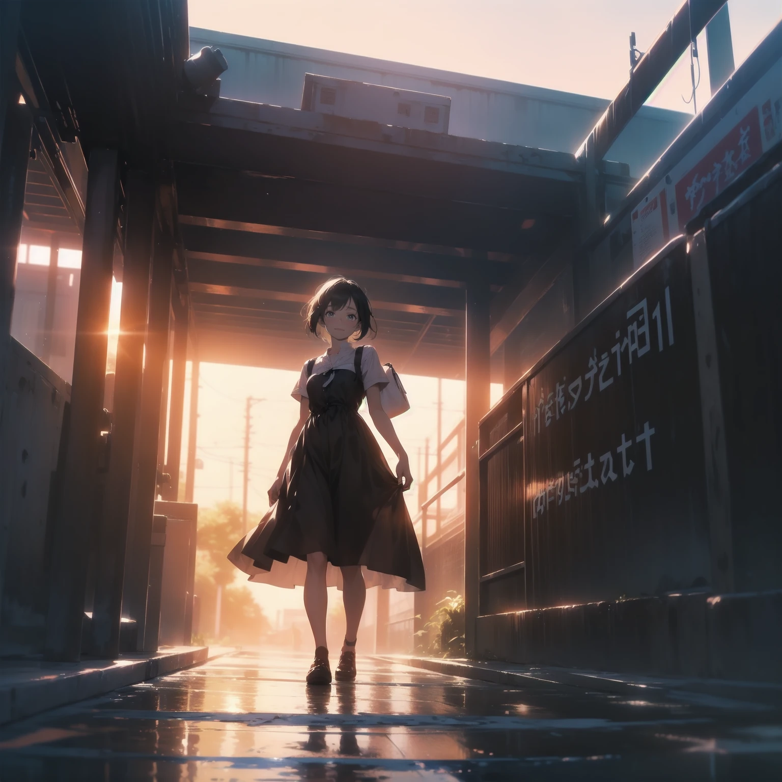 Vast landscape photography、(View from below、Shows the sky above and below)、High resolution、Highest quality、Very detailed、makoto shinkai、sunset、Girl in white dress looking sideways、College student with long brown hair、Electric pole、electric wire、Railroad crossing、Lens blur