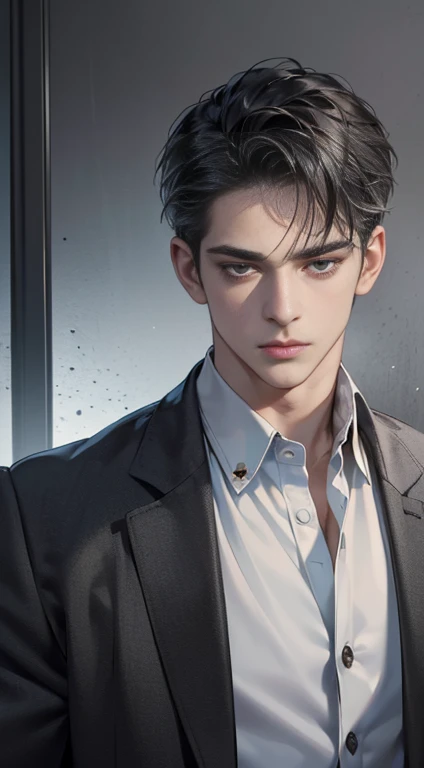 (best quality, masterpiece, 8 thousand, realistic, cinematic lighting, 1:4 HDR images, very detailed, beautiful photoature man, very handsome, ((cold expression)), black short hair, black eye, A perfect face without any mistakes, ((Buttoning my jacket, chief executive))