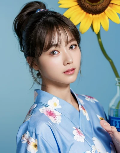 (Highest quality、8k、32K、masterpiece、Ultra-high resolution、Hmph:1.3)、(Japanese Idols:1.3)、One Girl、(Huge boobs)、Abdominal muscles、Perfect body、Delicate facial features, Ultra-realistic, Surreal, clavicle、Shadow、Octane Rendering、Ultra detailed face、Detailed lips、Detailed、double eyelid、(Charm)、Mystical Expressions、Shrine Background、Straight、High Contrast、(Light blue yukata),Heavy chest、((Glamorous Jar))、ponytail、Big eyes、double eyelid、Sunflower pattern