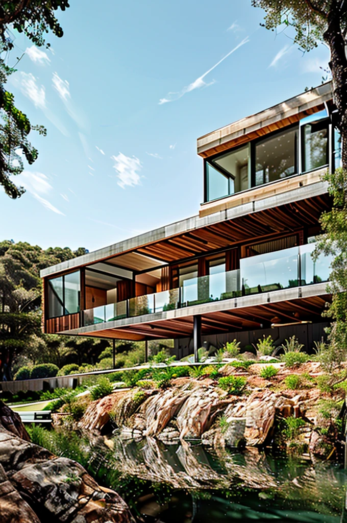 contemporary house with steel, wood and concrete structure, brise-brise style windows, deck overlooking a large duck pond, real grass