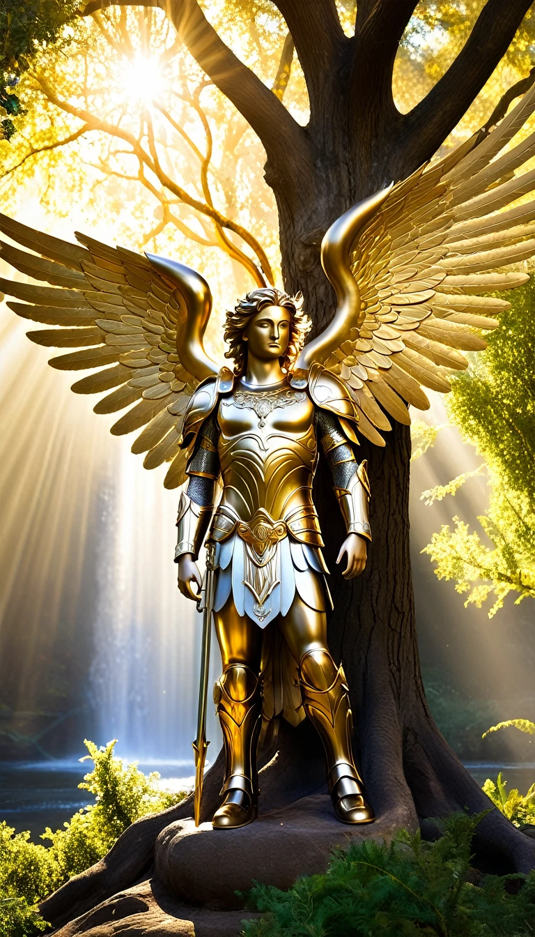 Digital Photograph of Archangel Michael and the Tree of Life: Archangel Michael, with his majestic wings and shining armor, standing next to the Tree of Life, in a heavenly setting with rivers of gold and divine light., cinematic lighting, depth of field, intricate details, hyper-realistic