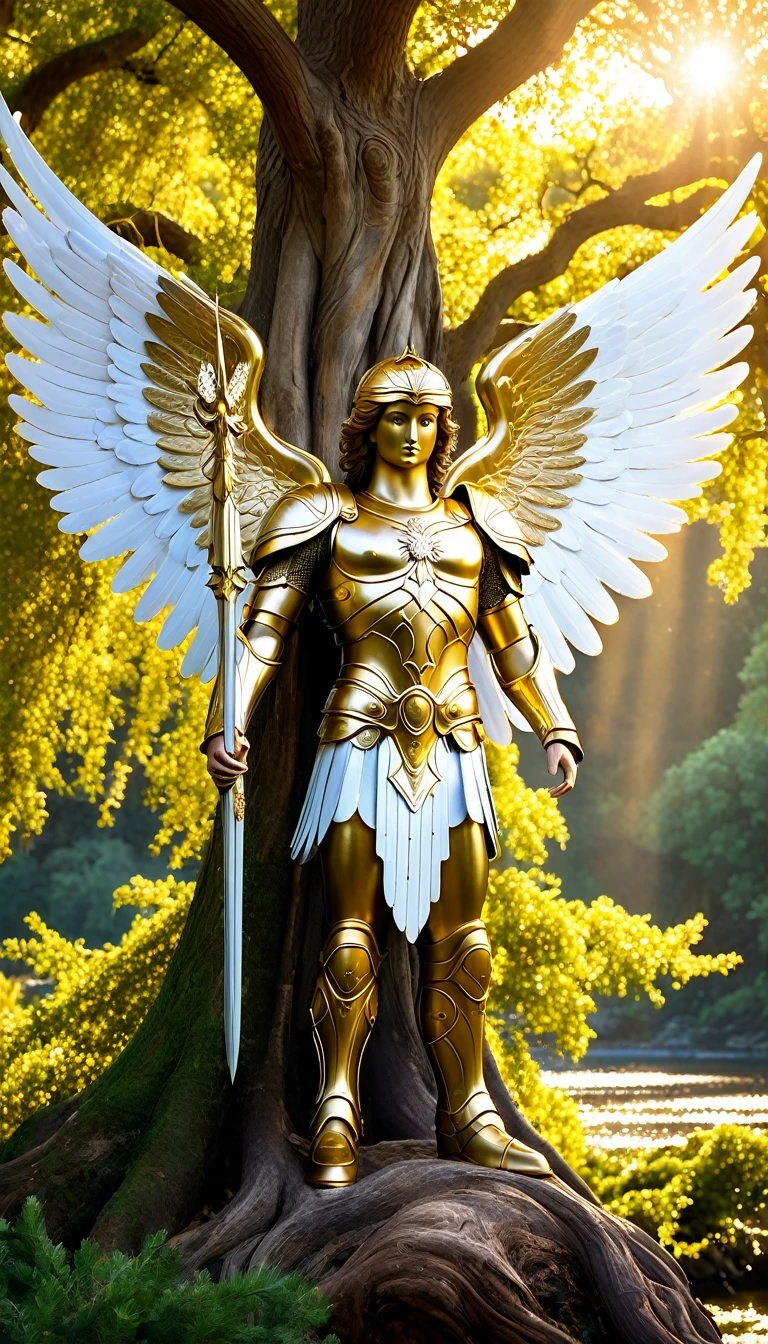 Digital Photograph of Archangel Michael and the Tree of Life: Archangel Michael, with his majestic wings and shining armor, standing next to the Tree of Life, in a heavenly setting with rivers of gold and divine light., cinematic lighting, depth of field, intricate details, hyper-realistic