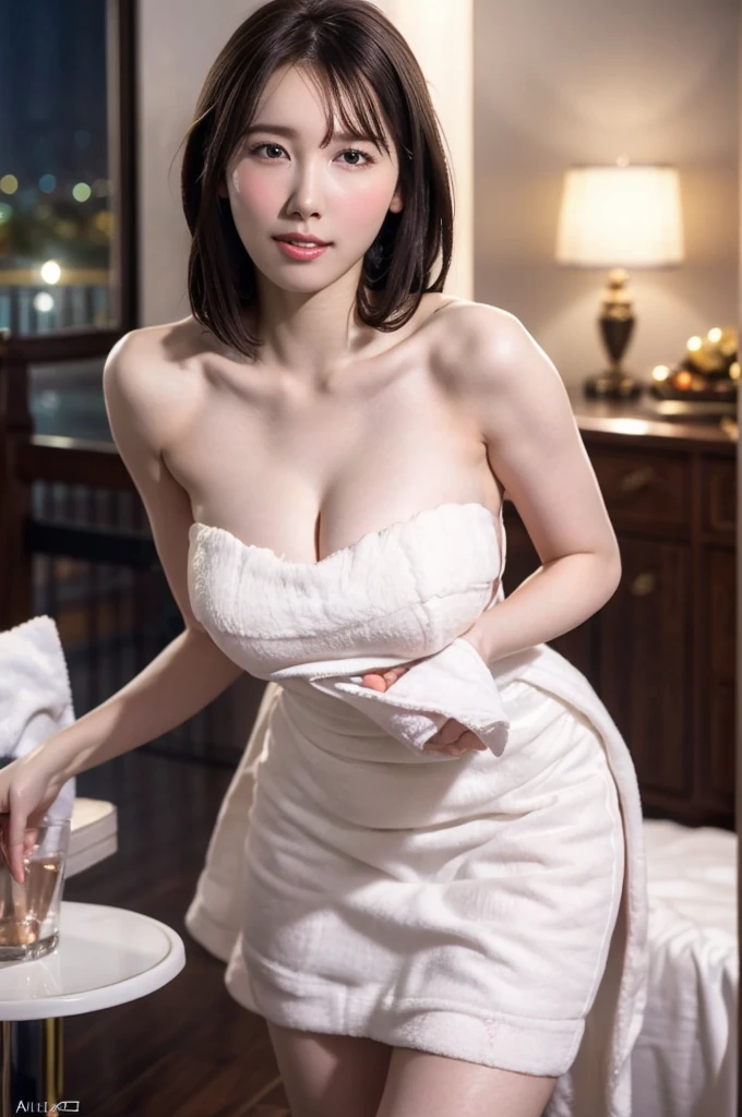 masterpiece,extremely detailed,CG,unity,8, wallpaper,best quality,realistic,photo-realistic,RAW photo,artistc,finely detail,award winning photo,Grand Prix Award photo,professional lighting,Miss Contest winner,cowboy shot,1lady,adultery, (white big size towel dress strapless),standing,leaning forward,luxury bedroom,nipples,breast squeeze,(beautiful night view)),hot,blush,seductive,prunk,sexy
