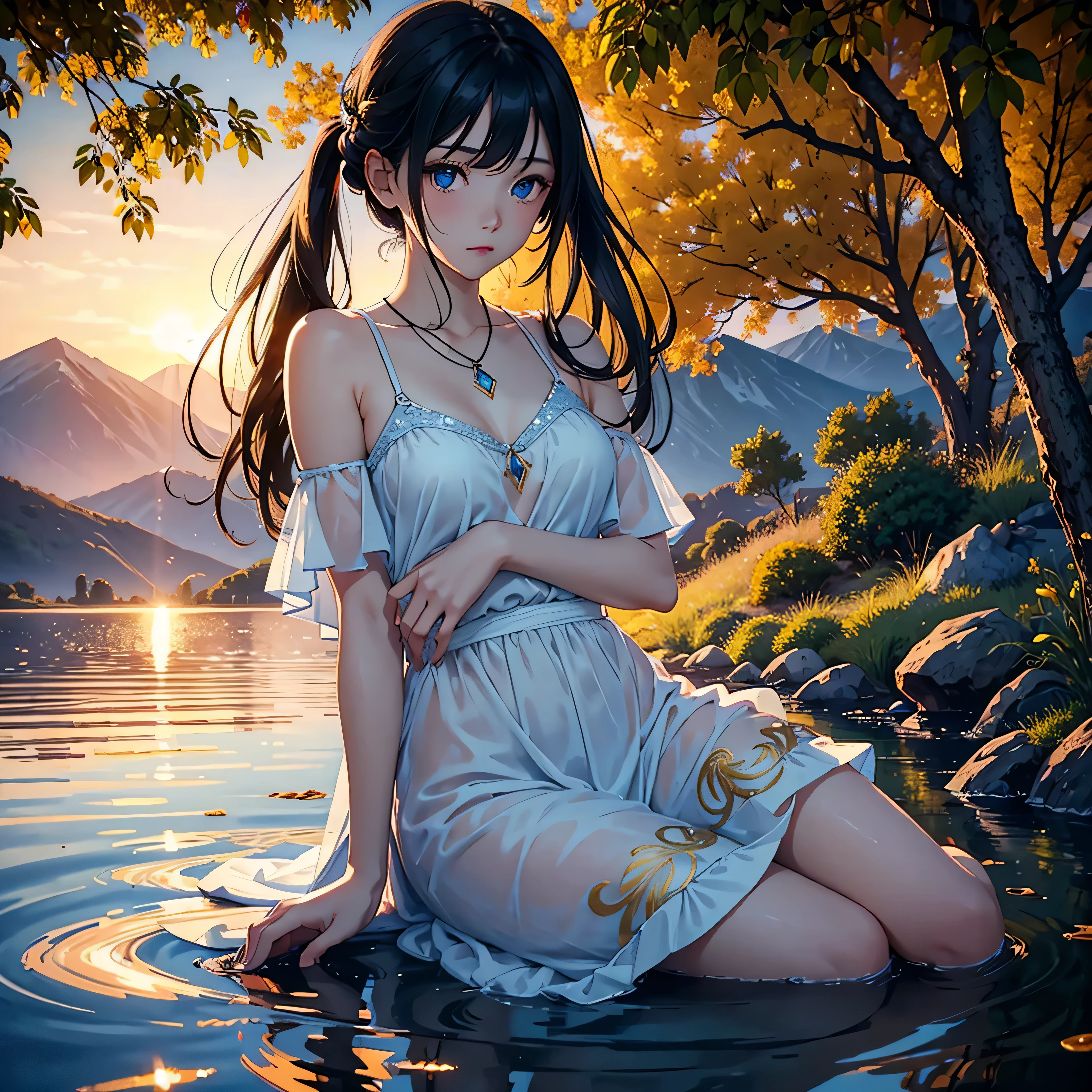 hutao_\(genshin_impact\), hiten kei style, claude monet, oil painting, masterpiece, hyper realistic, realistic skin, best quality, 1girl, lakeside, small breasts, huge nipples, waterlilies, erect nipples, topless, full body, vector illustration, nipples, light smile, bangs, long hair, stomach, navel, bare shoulders, brown hair, brown hat, twintails, wet, soaked, raining, sarong, loincloth, red tassel, magnolia leaves, autumn, sky, hands up, arched back, stretching, open mouth, bored, waterfalls, cliffs, falling leaves, resting, village on background, wet body, pouring rain, washing her body, taking bath, arched back, luhua pool, white flowers, rice paddies
