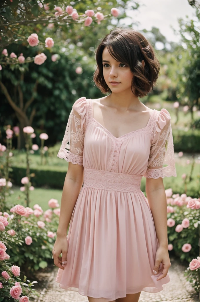 8k, foto en bruto, fujifilm, Style photography of a beautiful young girl like Avril in a light pink rose garden. (piel muy detallada: 1.2) Style-Petal BREAK short hair, cabello rubio con mechones de colores, usando un vestido, film grain, 35mm, lindo estilo